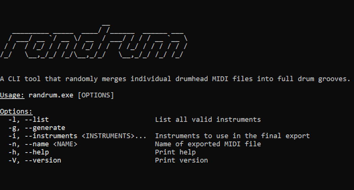 RANDRUM's CLI help page